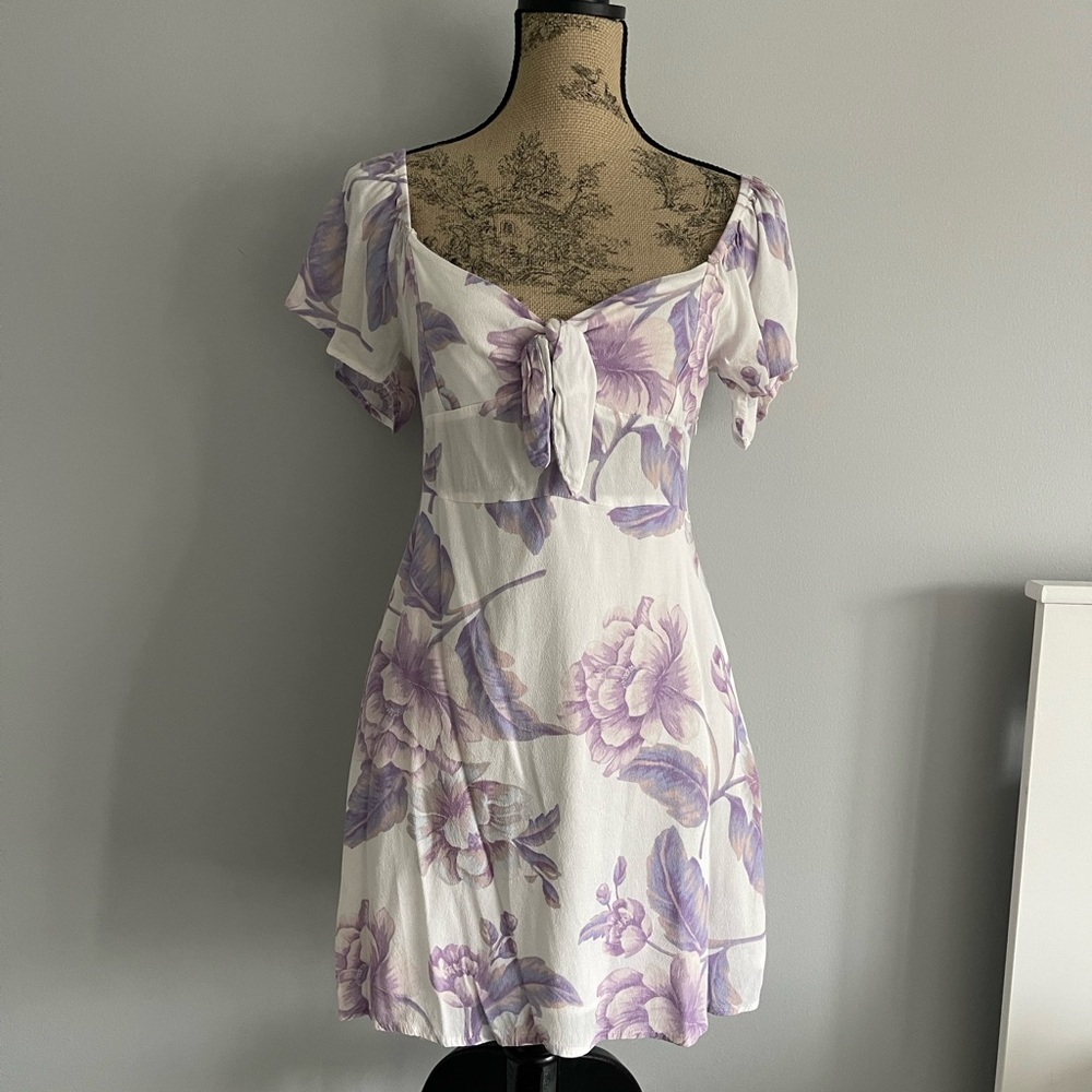 Forever 21 White Mini Dress with Lavender Floral Tie-Front